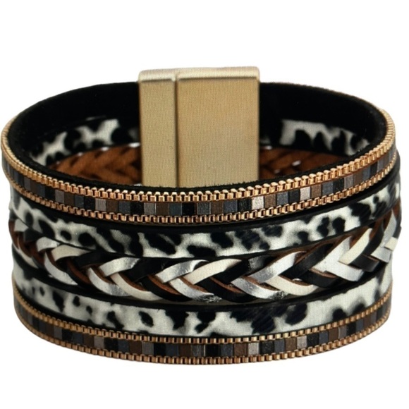 Boho Multi Layer Leather Braided Leopard Pattern Magnetic Buckle Bracelet - Picture 1 of 5
